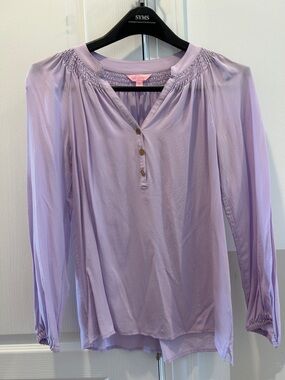 Lilly Pulitzer Light Lavender Women's Long-Sleeve Elsa Blouse 100% silk